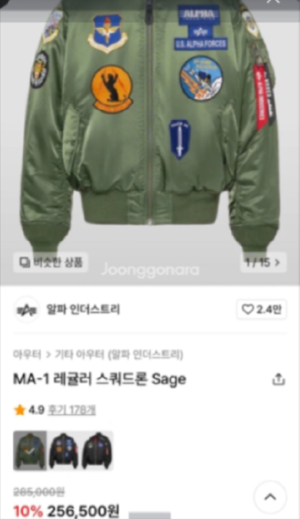 알파인더스트리 [ 한정판 ] MA-1 레귤러 스쿼드론 항공점퍼 Sage Green 블루종 (XL / 110) 이미지
