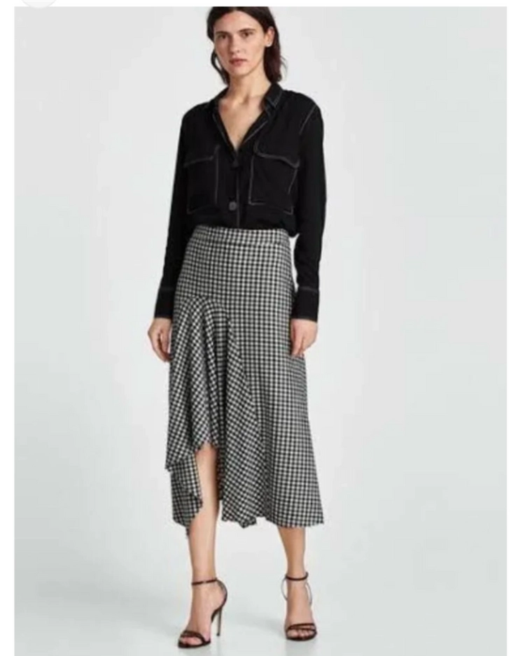 ZARA 체크 언발란스 롱 스커트 S 이미지
