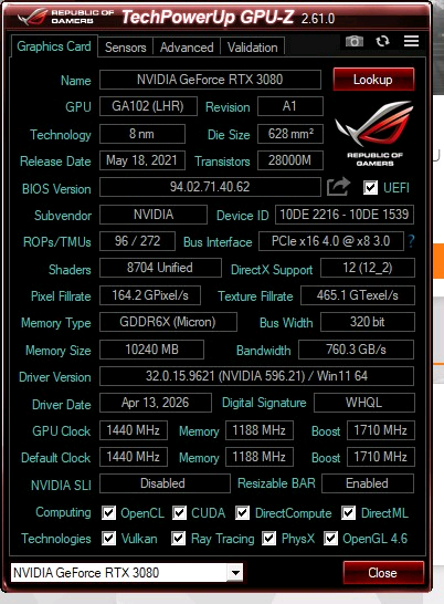 갤럭시 GALAX 지포스 RTX 3080 SG D6X 10GB LHR 판매 이미지