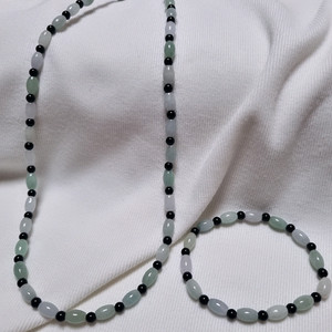 천연 버마산 옥&블랙 오닉스 원석 목걸이 팔찌 세트 이미지