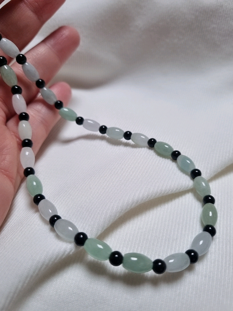 천연 버마산 옥&블랙 오닉스 원석 목걸이 팔찌 세트 이미지