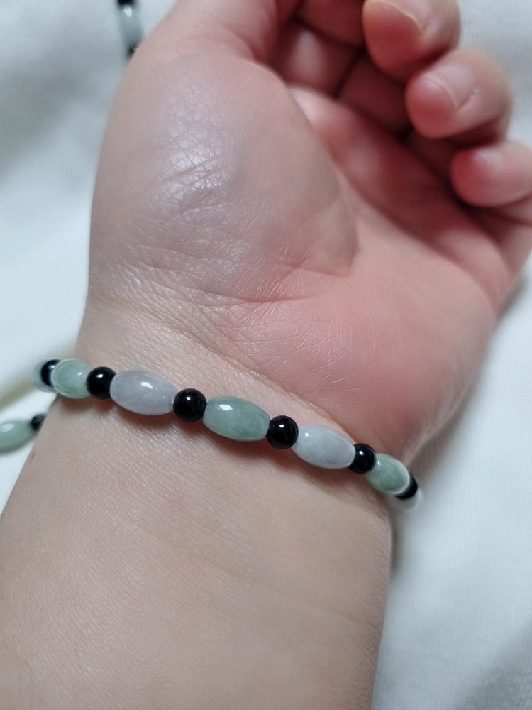 천연 버마산 옥&블랙 오닉스 원석 목걸이 팔찌 세트 이미지