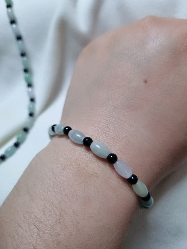 천연 버마산 옥&블랙 오닉스 원석 목걸이 팔찌 세트 이미지