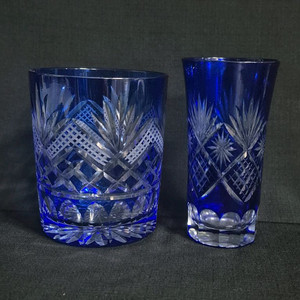 블루 커팅 유리 컵 그라스 2점 이미지