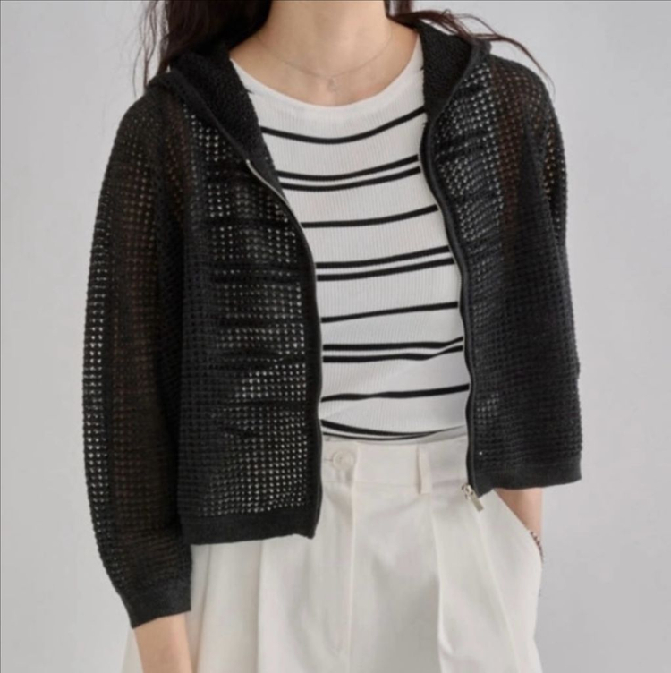 나무그림 그물 가디건 아이보리, 블랙 이미지