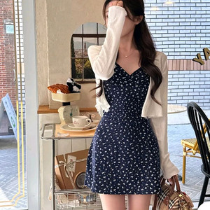 뷔스티에 미니원피스+가디건 세트 키작녀원피스 끈나시원피스 크롭긴팔 가디건 이미지