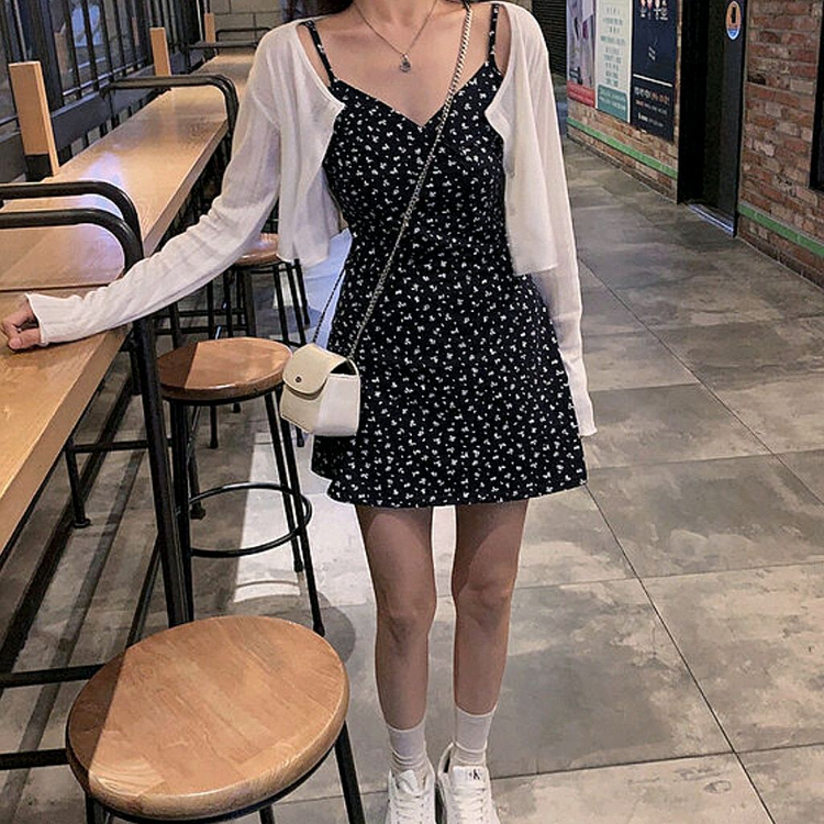 뷔스티에 미니원피스+가디건 세트 키작녀원피스 끈나시원피스 크롭긴팔 가디건 이미지