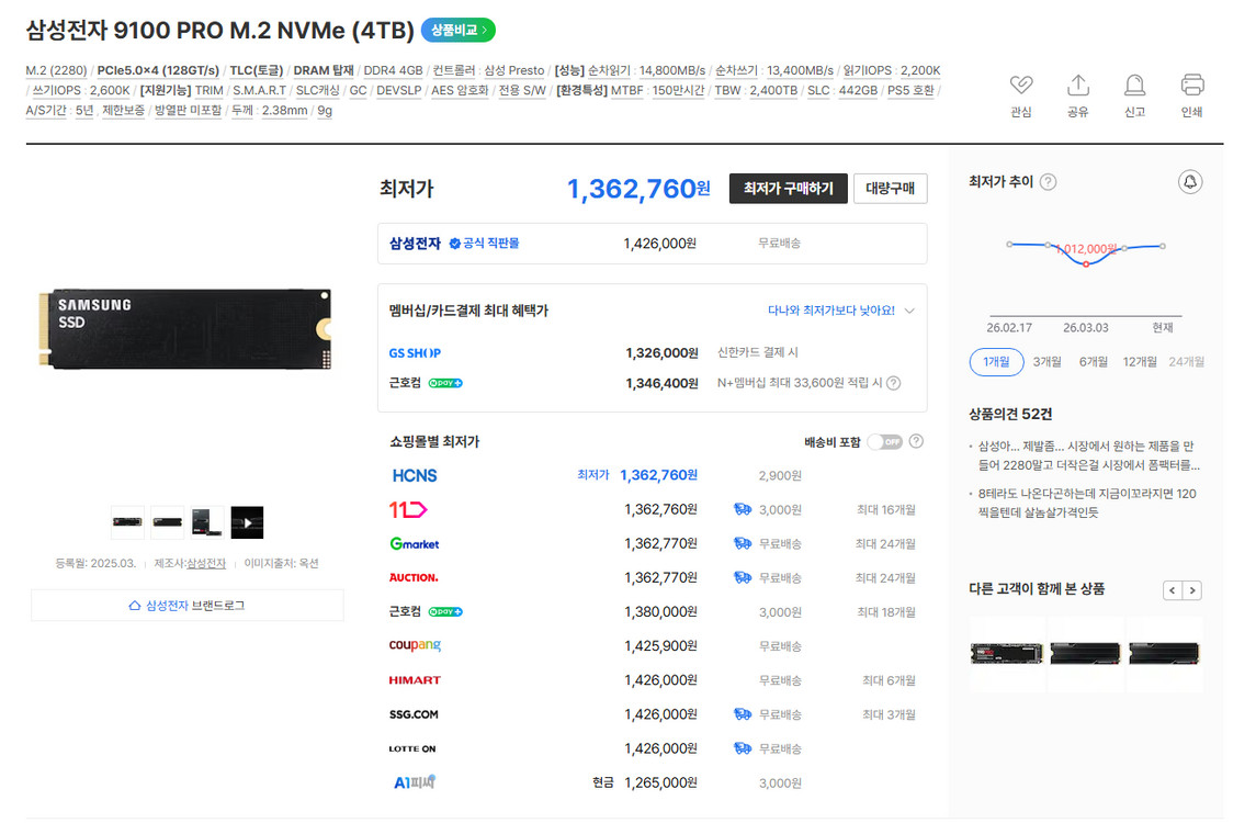 삼성전자 삼성 M.2 Nvme SSD 9100 PRO (정품) 4TB 미개봉 새제품 이미지