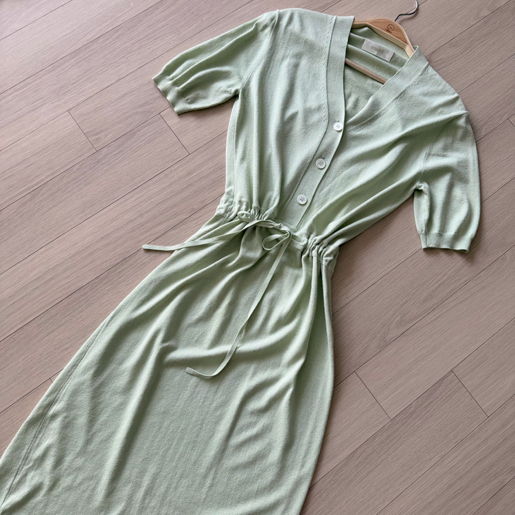 유메르 umer 스트링 반팔 니트 롱 원피스 민트 초록색여름끈가디건연두 이미지