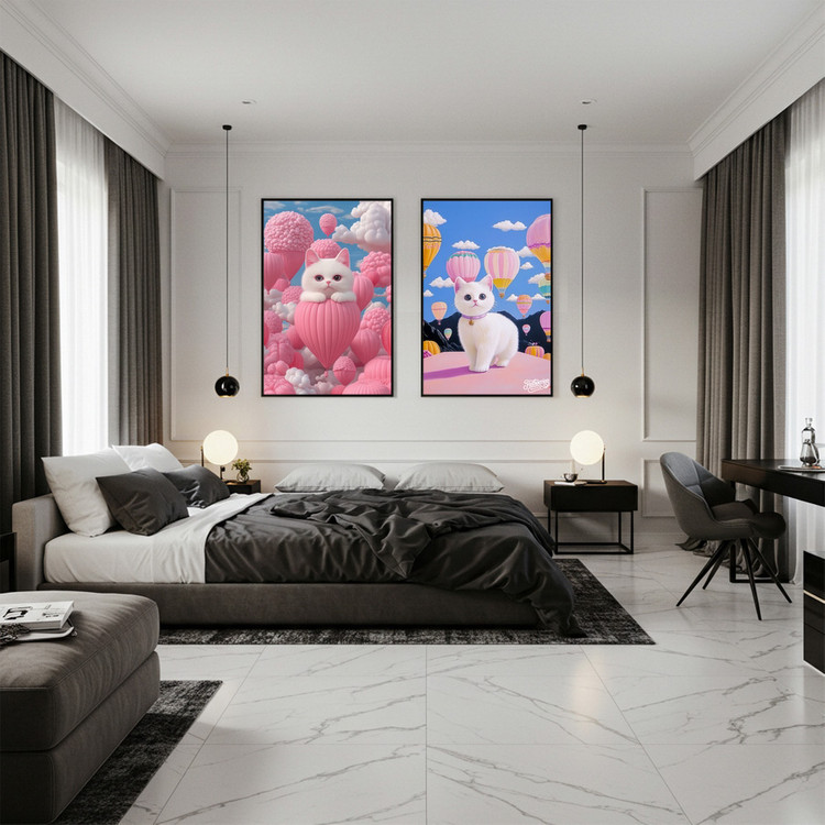 그림 액자 팝아트 인테리어소품 떠오르는 마음의 고양이 고양액자 핑크빛 풍선 하늘 아트포스터 거실 대형 꾸미기 감성 이미지