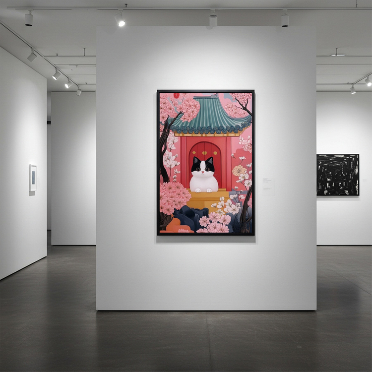 한 송이 묘화 그림 액자 팝아트 인테리어소품 고양이그림 거실액자 일본풍 벚꽃 아트포스터 감성적인 벽걸이 액자 이미지