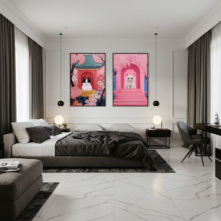 한 송이 묘화 그림 액자 팝아트 인테리어소품 고양이그림 거실액자 일본풍 벚꽃 아트포스터 감성적인 벽걸이 액자 이미지