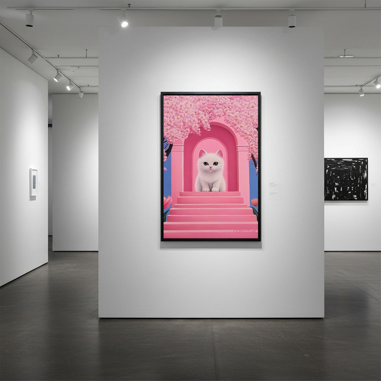 그림 액자 팝아트 인테리어소품 꽃의 문턱에 선 작은 기적 고양이그림 고양이액자 핑크 감성 무드등 무드있는 거실 방 이미지