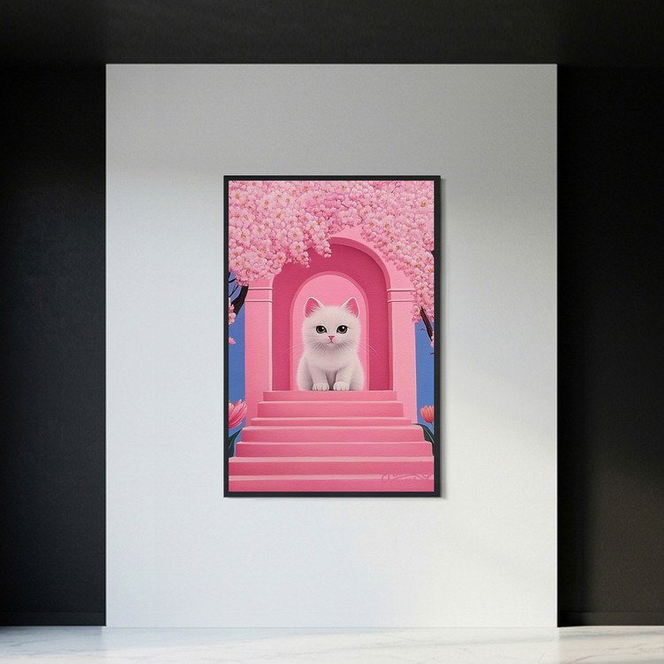 그림 액자 팝아트 인테리어소품 꽃의 문턱에 선 작은 기적 고양이그림 고양이액자 핑크 감성 무드등 무드있는 거실 방 이미지
