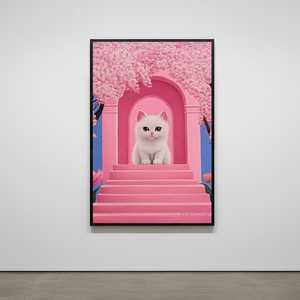그림 액자 팝아트 인테리어소품 꽃의 문턱에 선 작은 기적 고양이그림 고양이액자 핑크 감성 무드등 무드있는 거실 방 이미지
