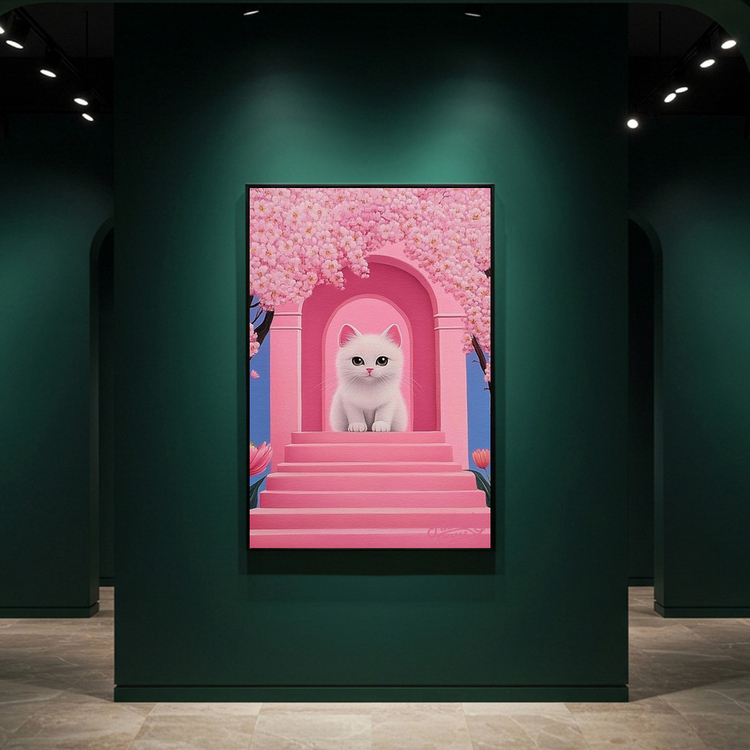 그림 액자 팝아트 인테리어소품 꽃의 문턱에 선 작은 기적 고양이그림 고양이액자 핑크 감성 무드등 무드있는 거실 방 이미지