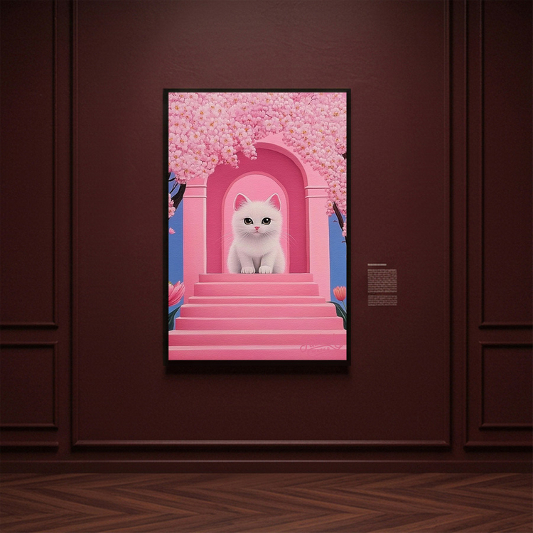 그림 액자 팝아트 인테리어소품 꽃의 문턱에 선 작은 기적 고양이그림 고양이액자 핑크 감성 무드등 무드있는 거실 방 이미지