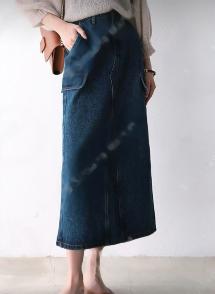 (새) 중청 카고포켓 H라인 일자 데님 롱 스커트 이미지