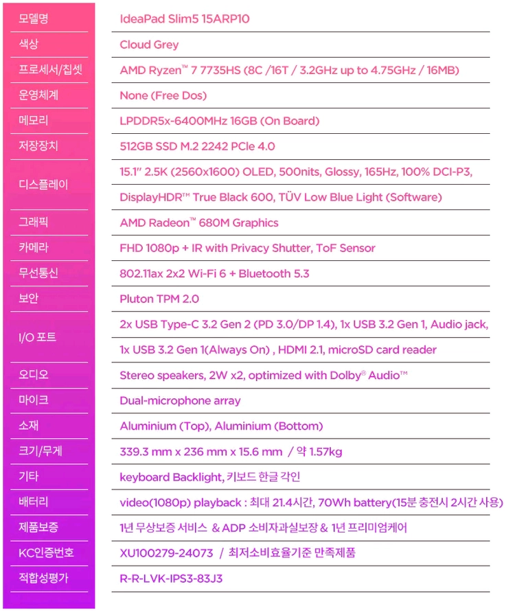 15인치 노트북 레노버 Slim5 15ARP10 컴퓨터 본체 이미지