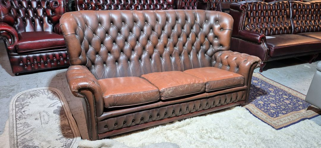 수입 체스터필드 전체 천연가죽 3인 소파 이미지
