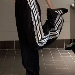 블랙 검정 레이스 츄리닝 트레이닝 롱 팬츠 와이드 빈티지 바지 레이어드 이미지