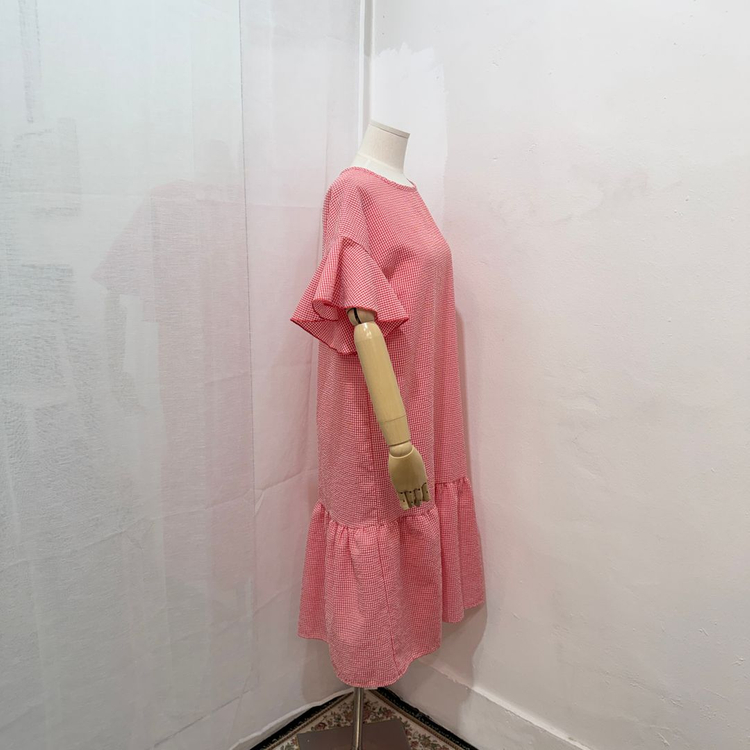 레드 깅엄체크 빨강체크 프릴 롱원피스 롱드레스 3327 이미지