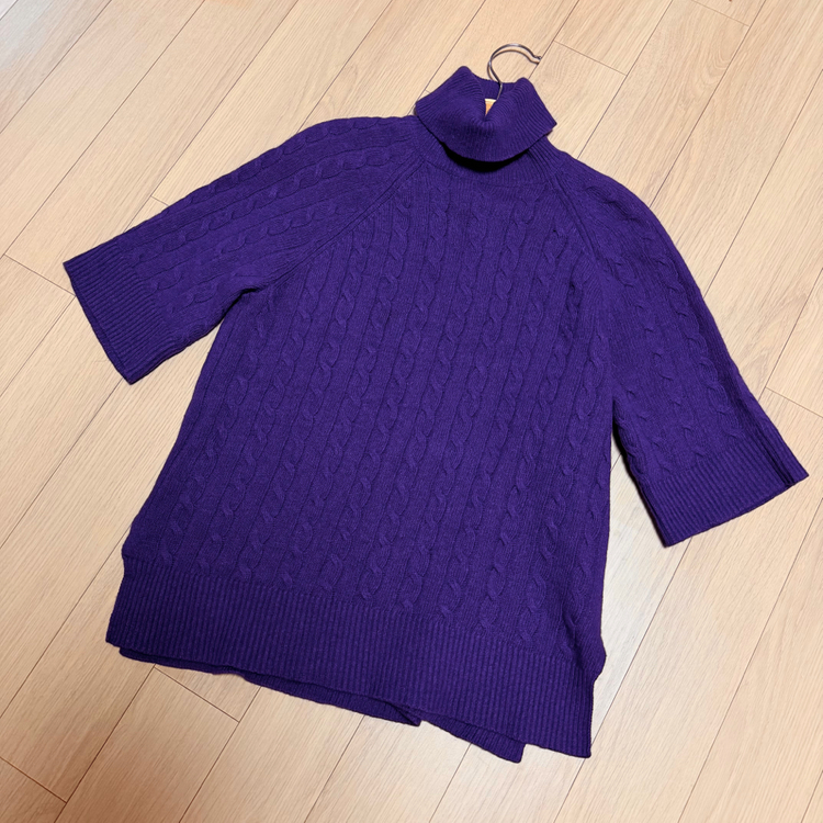 폴로 랄프로렌 캐시미어 울 케이블 반팔 니트 터틀넥 퍼플 보라색목티꽈배기 이미지
