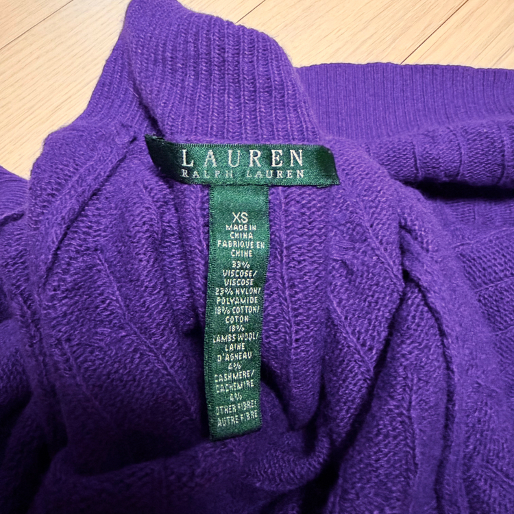 폴로 랄프로렌 캐시미어 울 케이블 반팔 니트 터틀넥 퍼플 보라색목티꽈배기 이미지