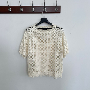 랑방 여성55-66 화이트 코튼 크로쉐 반팔 티셔츠 이너 슬립 포함 이미지