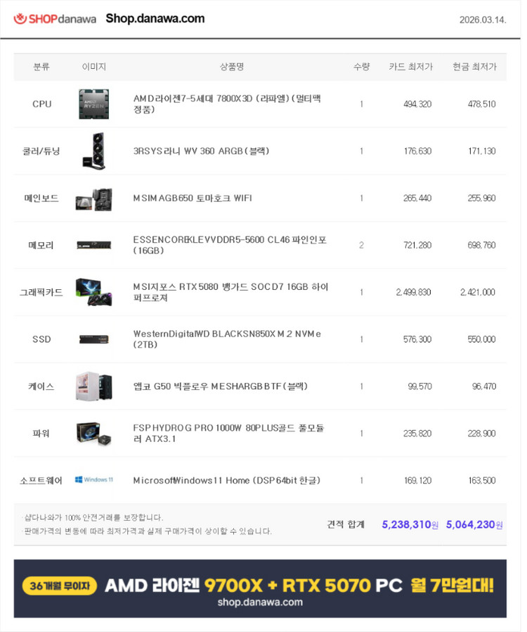 7800x3d 5080 뱅가드 SSD 2tb 컴퓨존 프리미엄pc 판매 이미지
