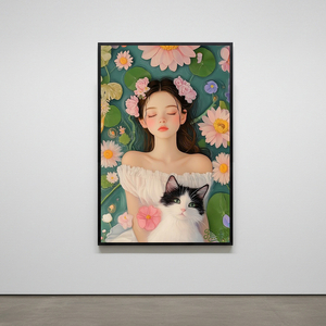 꽃과 잠 그리고 너 그림 액자 팝아트 인테리어소품 소녀그림 고양이그림 예쁜 감성 거실 아트포스터 대형 액자 캔버스 이미지