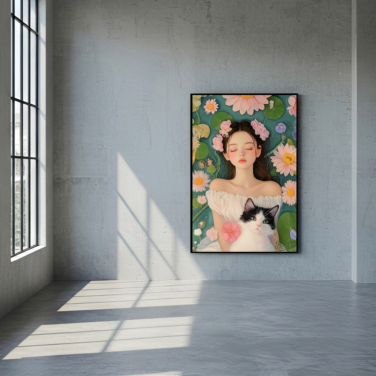꽃과 잠 그리고 너 그림 액자 팝아트 인테리어소품 소녀그림 고양이그림 예쁜 감성 거실 아트포스터 대형 액자 캔버스 이미지