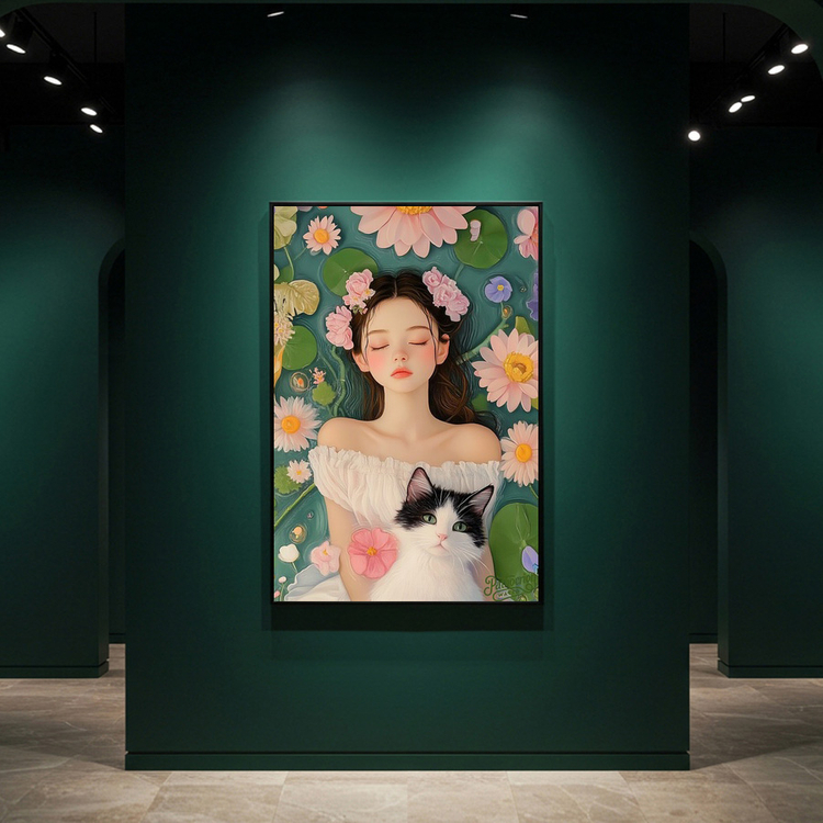 꽃과 잠 그리고 너 그림 액자 팝아트 인테리어소품 소녀그림 고양이그림 예쁜 감성 거실 아트포스터 대형 액자 캔버스 이미지