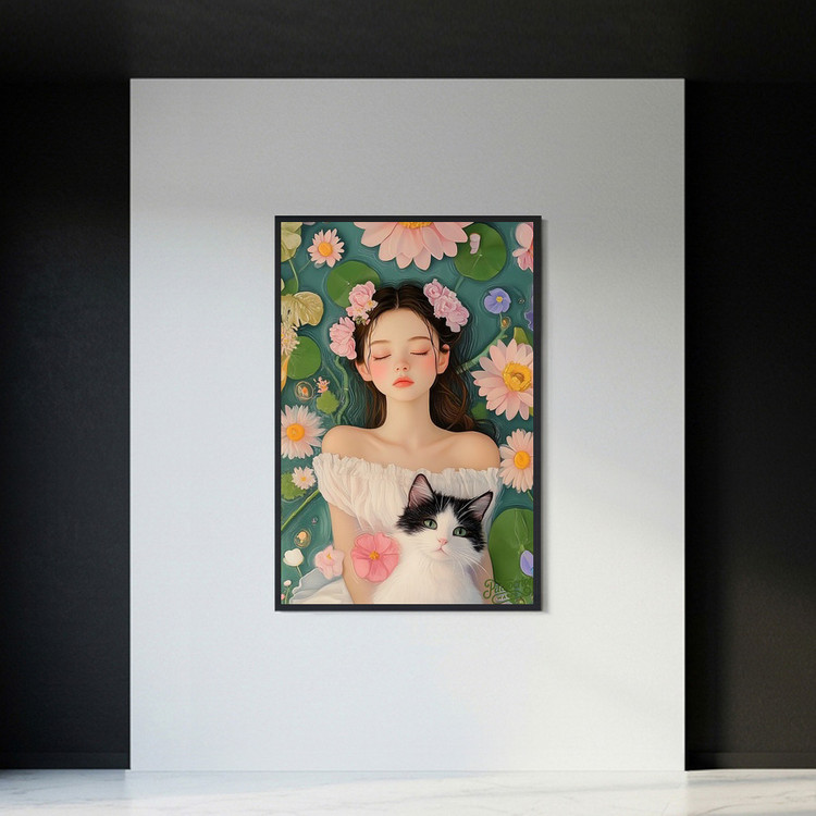 꽃과 잠 그리고 너 그림 액자 팝아트 인테리어소품 소녀그림 고양이그림 예쁜 감성 거실 아트포스터 대형 액자 캔버스 이미지