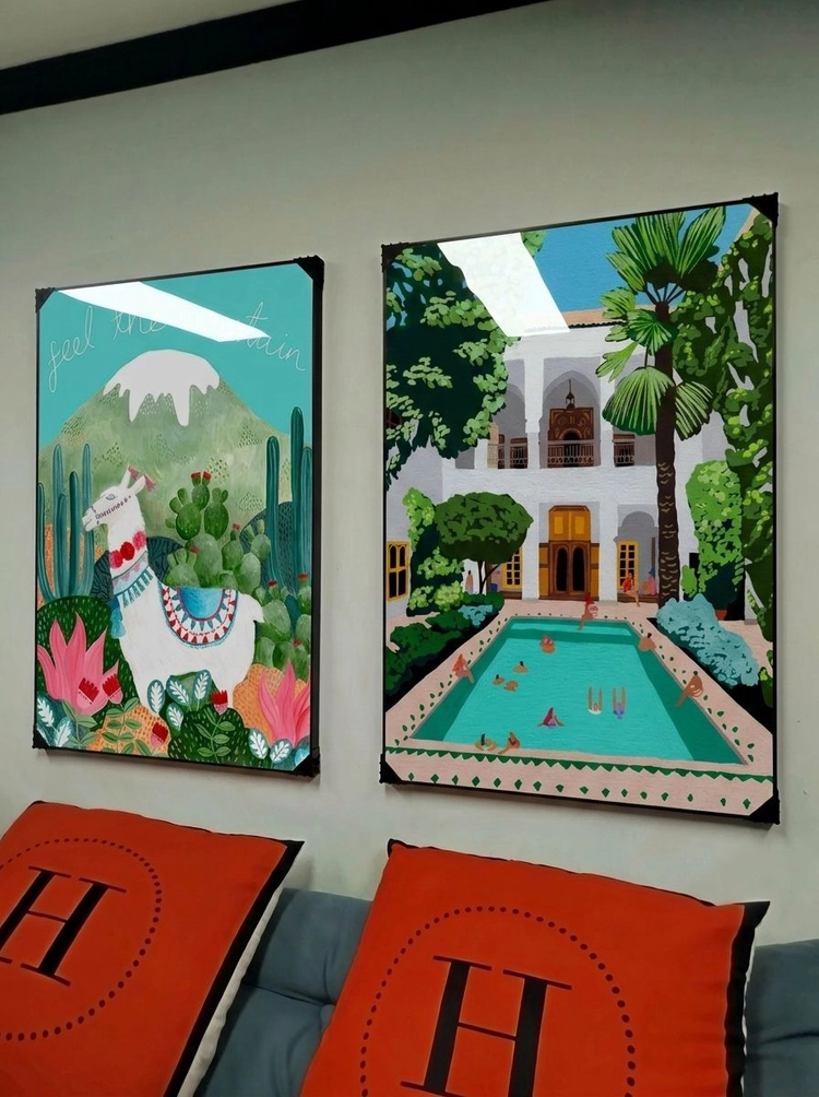 그림 액자 팝아트 인테리어소품 라마그림 산액자 휴양지풍경화 2종 세트 대형 거실벽 꾸미기 아트포스터 신혼집 포인트 이미지