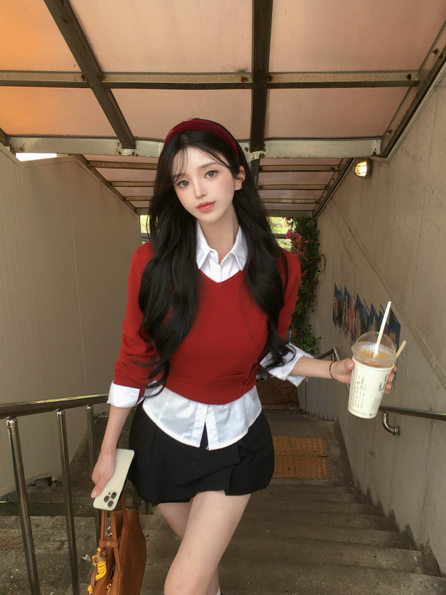 메이윤 -5kg 보정핏 버튼니트 (딥레드) 이미지