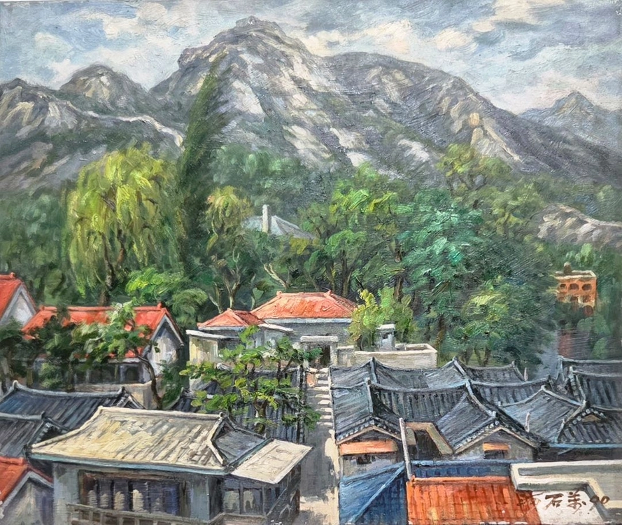 *서양화 하석만 인왕산과마을 풍경 유화그림.12호(F) 이미지
