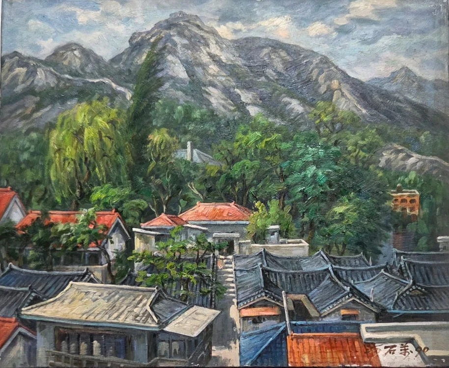 *서양화 하석만 인왕산과마을 풍경 유화그림.12호(F) 이미지