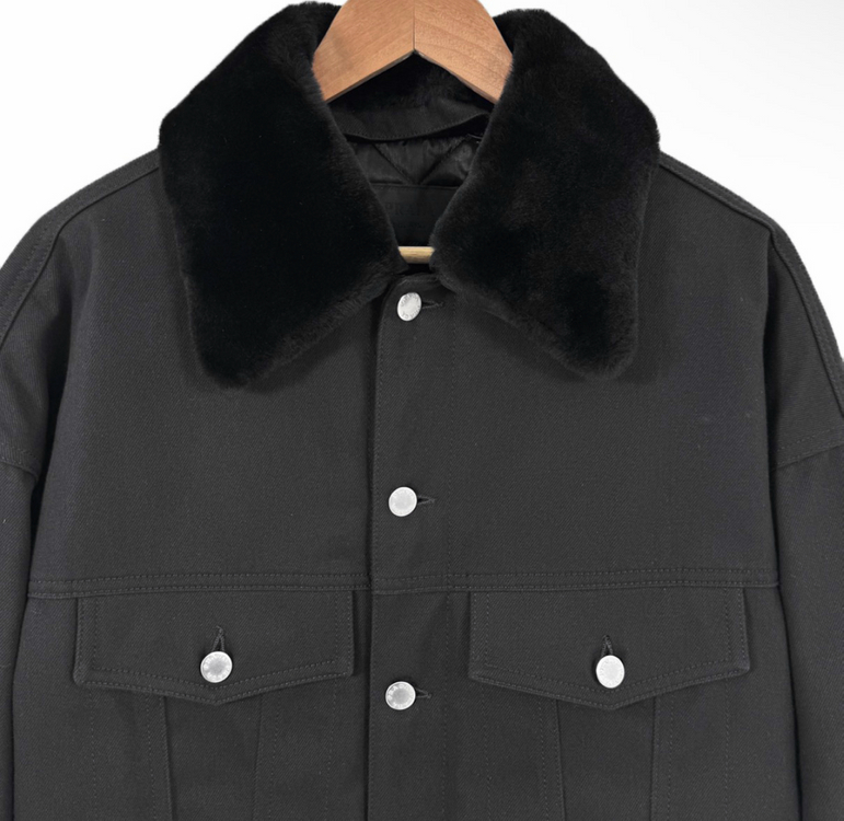 [L] 프라다 남성 삼각로고 불 데님 시어링 패디드 블루종 자켓 블랙 이미지