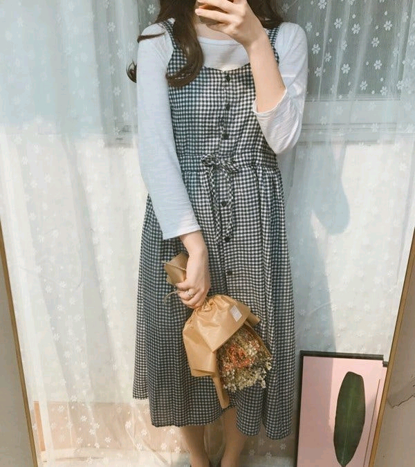 새상품) 체크 롱원피스 뷔스티에 리본 스트링 나시 빈티지 / 로버블 밀크코코아 바온 빈블 러브앤드팝 라부 트윈즈영 이미지