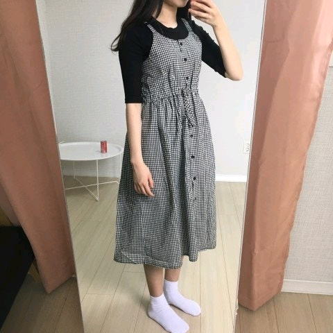 새상품) 체크 롱원피스 뷔스티에 리본 스트링 나시 빈티지 / 로버블 밀크코코아 바온 빈블 러브앤드팝 라부 트윈즈영 이미지