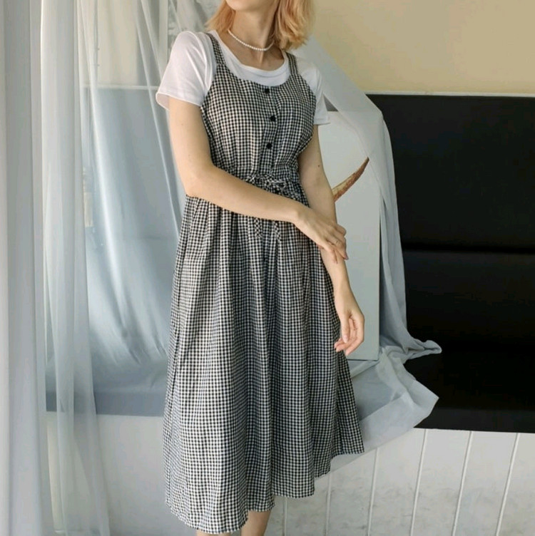 새상품) 체크 롱원피스 뷔스티에 리본 스트링 나시 빈티지 / 로버블 밀크코코아 바온 빈블 러브앤드팝 라부 트윈즈영 이미지