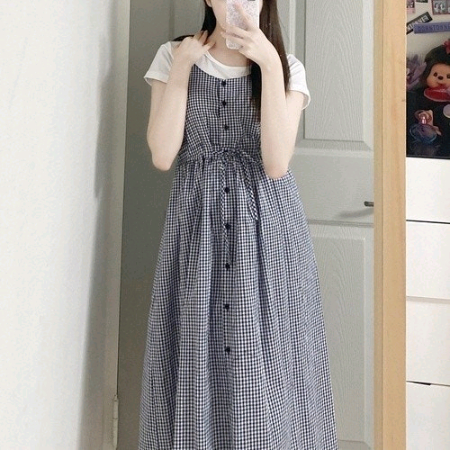 새상품) 체크 롱원피스 뷔스티에 리본 스트링 나시 빈티지 / 로버블 밀크코코아 바온 빈블 러브앤드팝 라부 트윈즈영 이미지