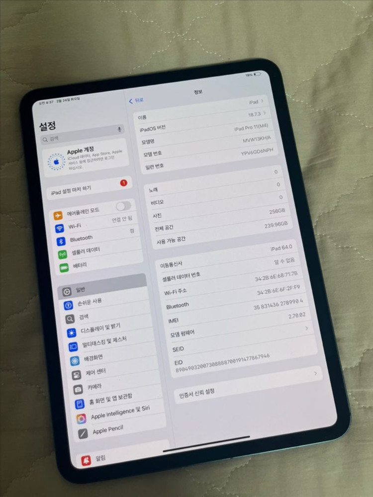 아이패드프로 11인치 M4 256GB 5G 셀룰러 이미지