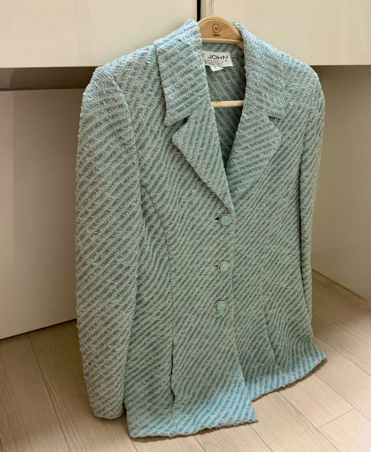 센존 컬렉션 st.john 트위드 니트 자켓 민트 옥색 단추 가디건 이미지
