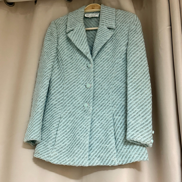 센존 컬렉션 st.john 트위드 니트 자켓 민트 옥색 단추 가디건 이미지