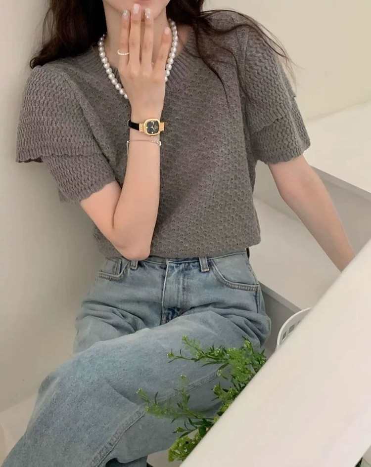 퍼프 프릴 소매 반팔 니트 이미지