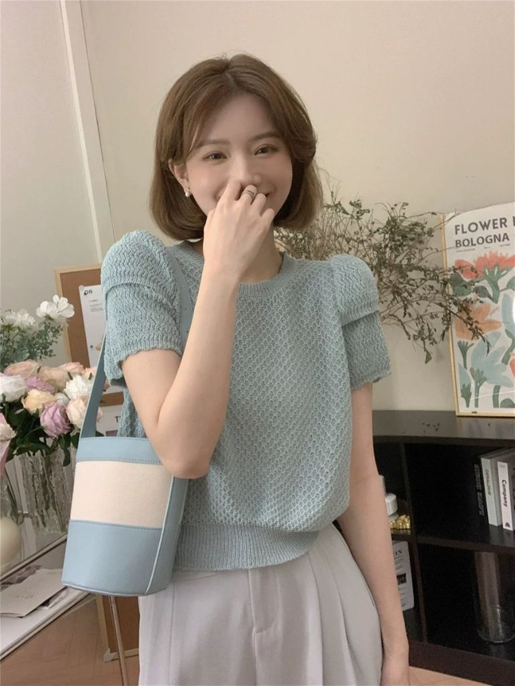 퍼프 프릴 소매 반팔 니트 이미지