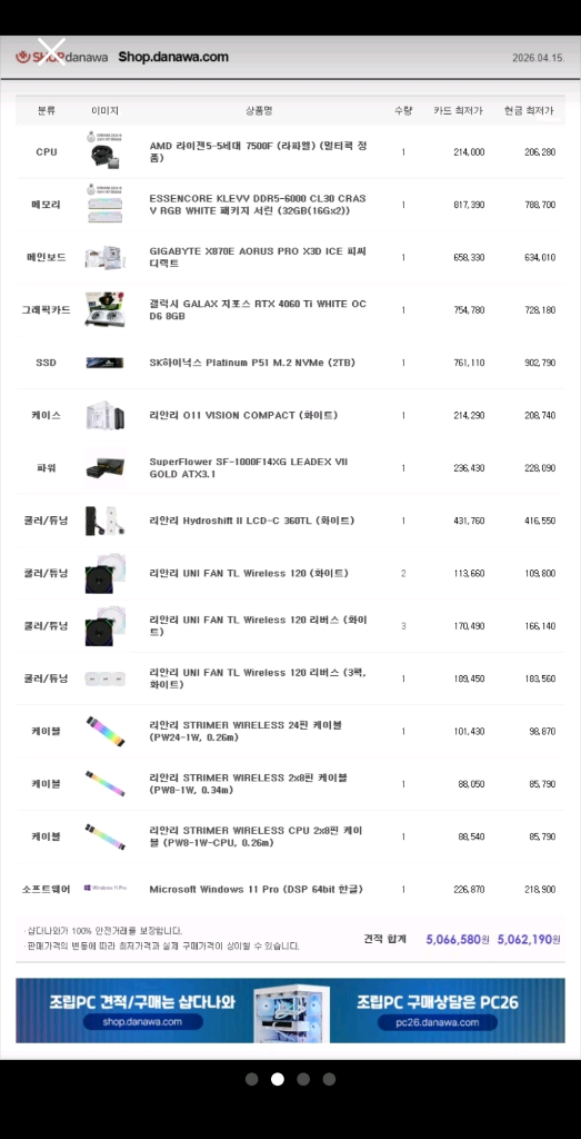 국내정품ㆍ정식 리안리 풀세팅 PC(램판완) 이미지