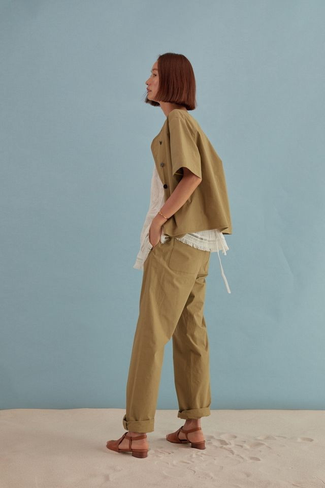 길트프리 바스락 숏 슬리브 자켓 카키 반팔사파리 여름야상 노카라 셔츠자켓 이미지